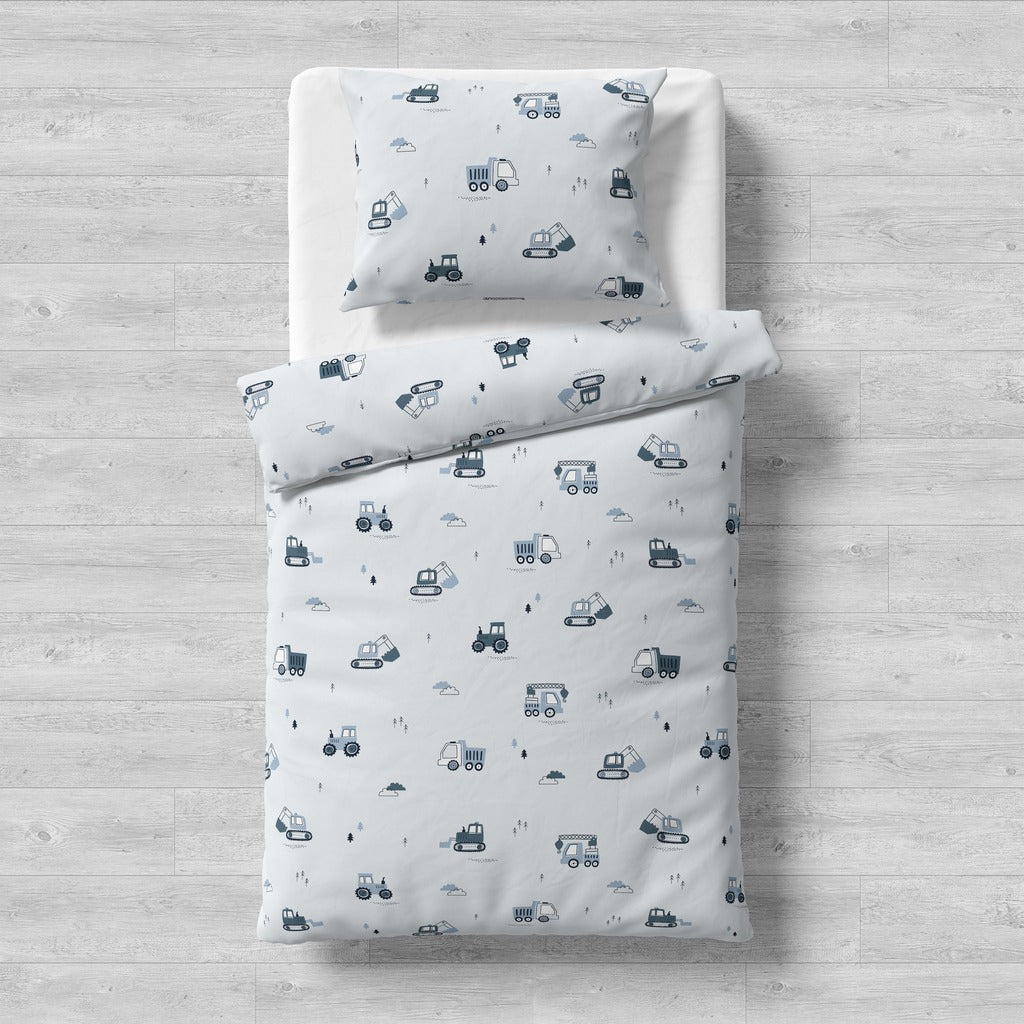 Boys single bed duvet cover set with trucks, diggers, and tractors on blue background, 100% cotton, baby shop uk