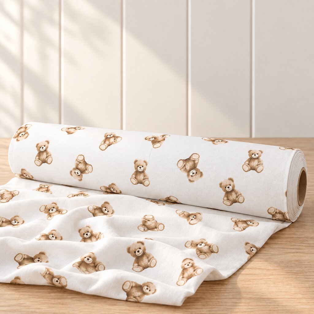 Brown teddy bear print cotton fabric partly unrolled from a folded roll on a light wood surface