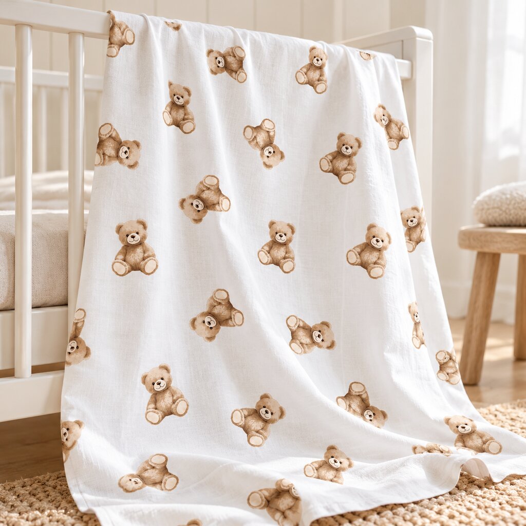 Brown teddy bear print fabric draped over a white cot in a neutral nursery , Fabricco UK