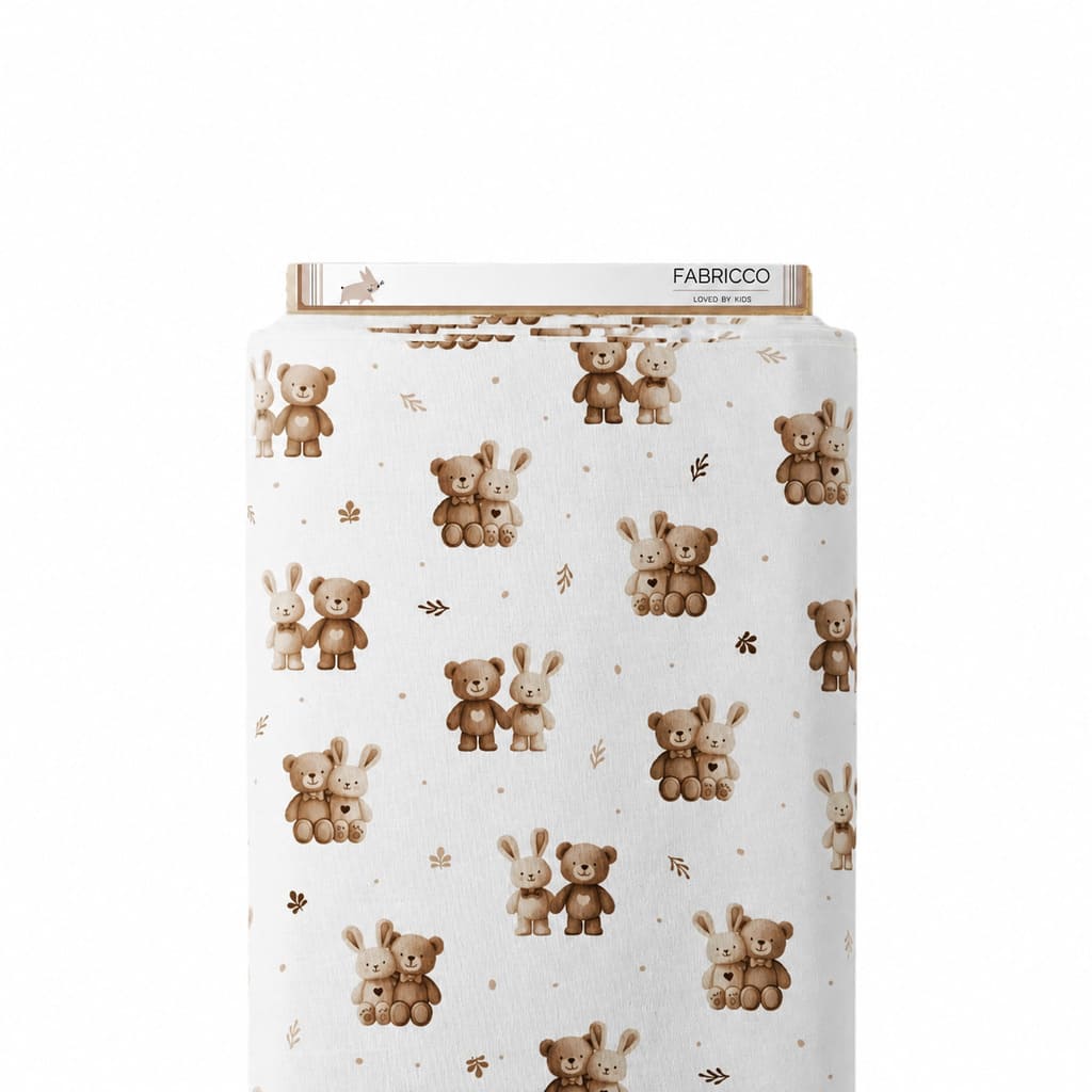 Beige and brown bunny and teddy bear cotton fabric with small leaves on a light background for nursery sewing projects