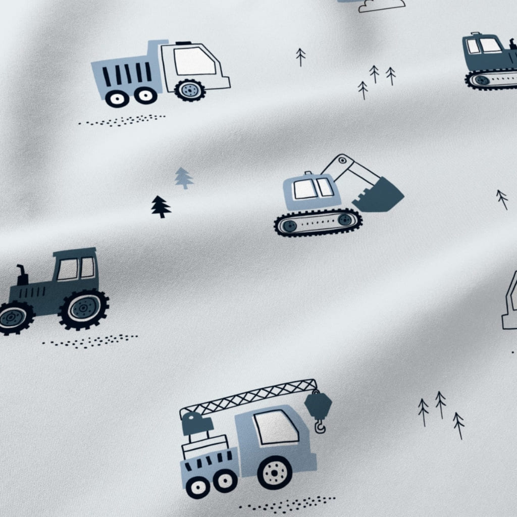 Close-up of blue trucks and diggers cotton fitted sheet