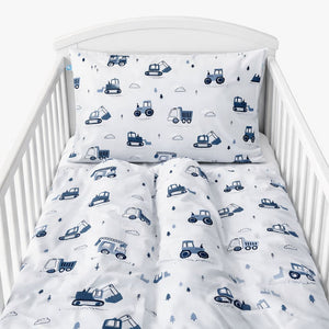 Handcrafted 100% cotton bedding set for babies and toddlers, designed to fit standard UK cots and cot beds. Soft, breathable, and gentle on delicate skin, featuring a timeless construction-themed design in calming blue and grey tones.