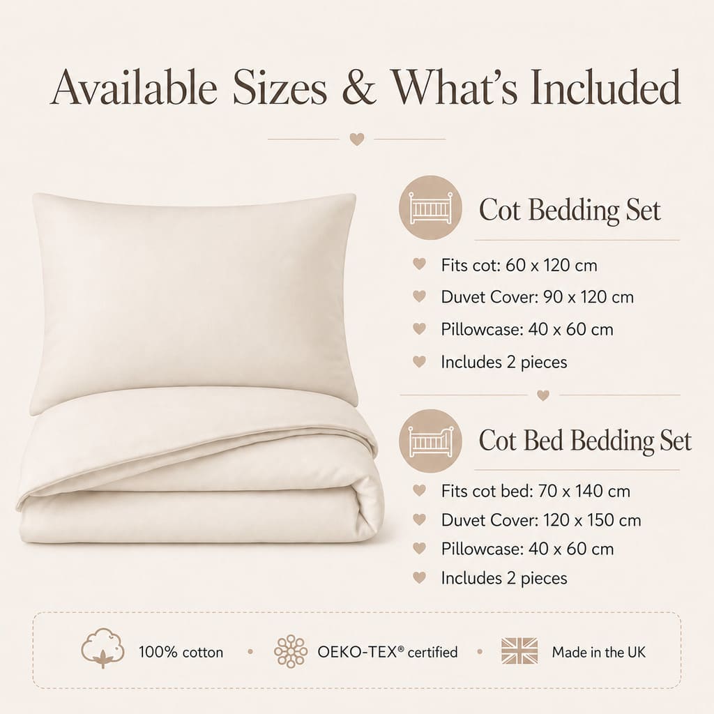 cot and cot bed bedding size guide showing duvet cover and pillowcase sizes UK