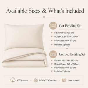 cot and cot bed bedding size guide showing duvet cover and pillowcase sizes UK