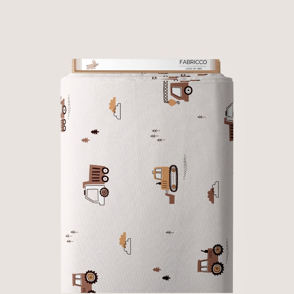 Cotton Fabric - Diggers, Tractors &amp; Trucks Beige