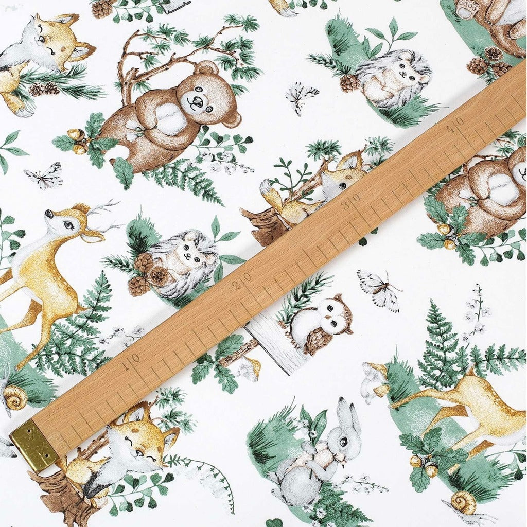 sage green leaves fabric, woodland print, fox and deer fabric, quilting cotton UK, kids&#39; fabric, sewing material