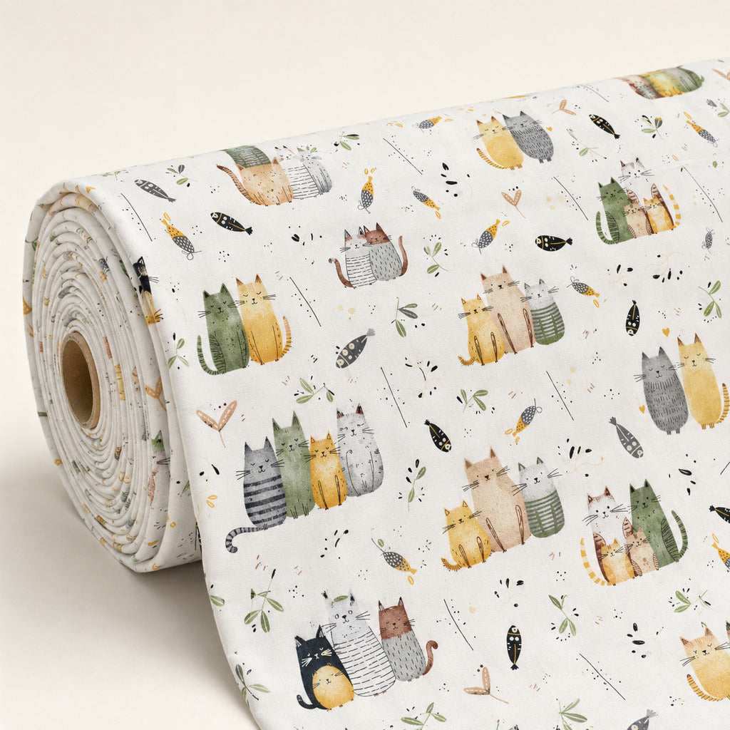 Rolled cats cotton fabric showing cute cat lovers print, 100% cotton fabric for sewing and crafts, Fabricco UK