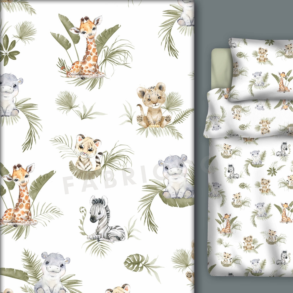 Close-up of sage green and beige jungle animals cotton fabric for nursery sewing and crafts