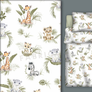 Close-up of sage green and beige jungle animals cotton fabric for nursery sewing and crafts