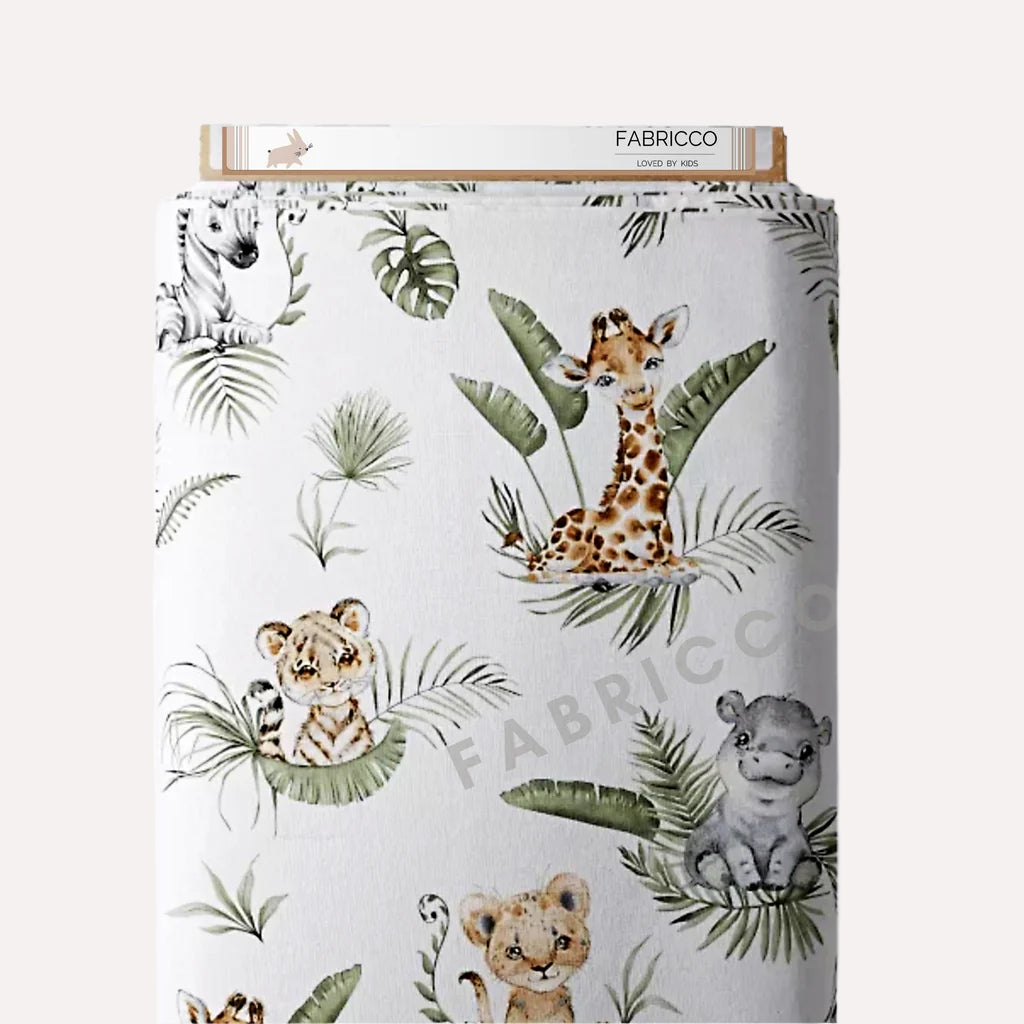 Cute Jungle Animals cotton fabric in sage green, beige and brown safari nursery print