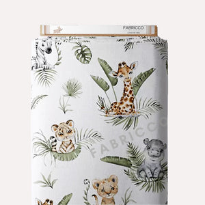 Cute Jungle Animals cotton fabric in sage green, beige and brown safari nursery print