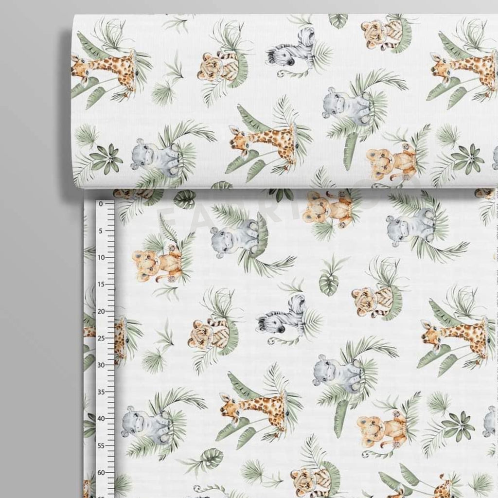 Cute Jungle Animals cotton fabric on a roll in sage green, beige and warm brown safari colours