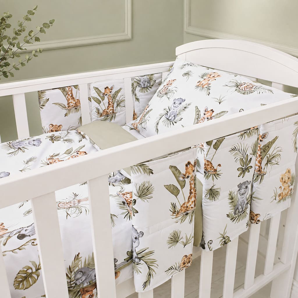 Cute Jungle Friends Cot Bedding Set with Cot Wraps in Sage Nursery, 