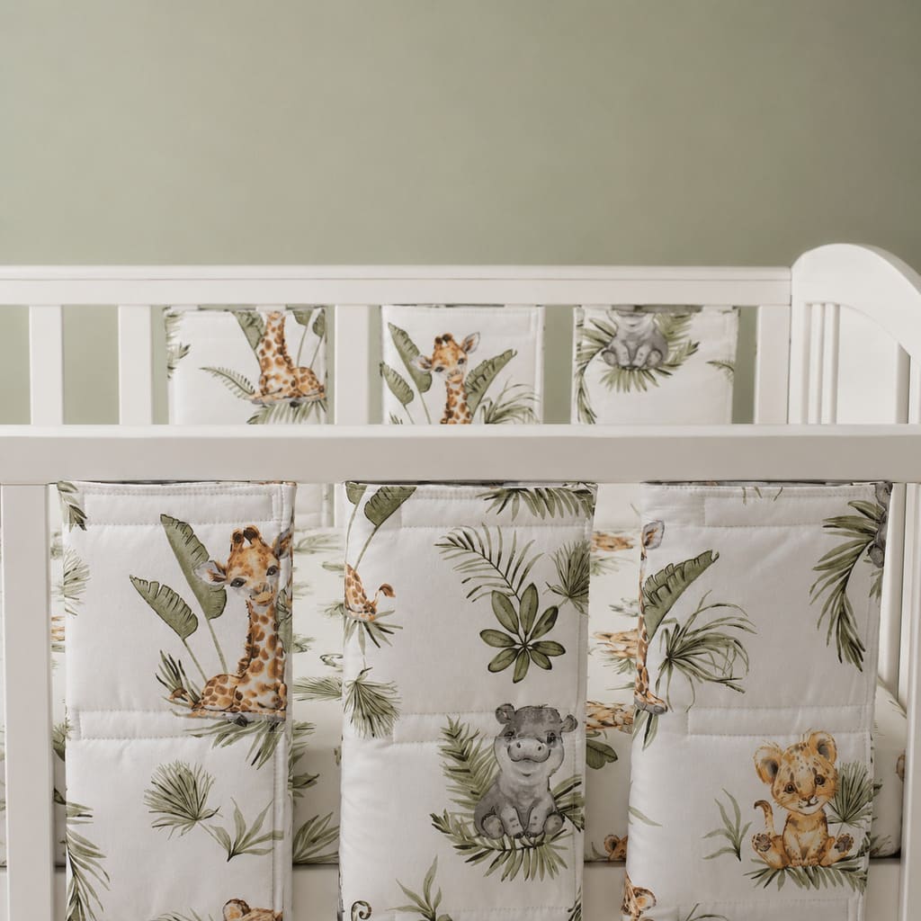 Detail photo of Cute Jungle Friends baby bedding and cot wraps showing the animal print clearly on soft 100 percent cotton fabric