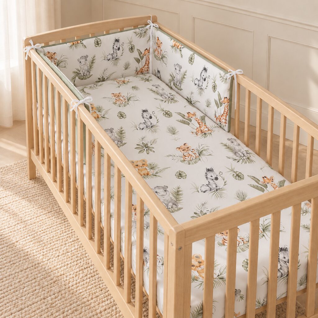 Cute Jungle Friends bumper fitted around a 60 × 120 cm oak cot in a Scandinavian nursery.