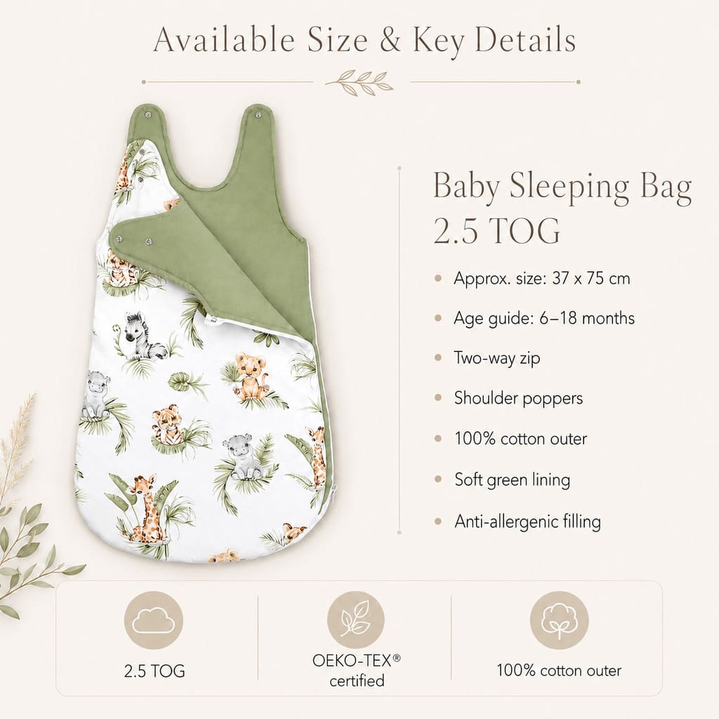 Cute Jungle baby sleeping bag 2.5 TOG 6–18 months size guide with 100% cotton outer and olive green lining Fabricco Baby Shop UK