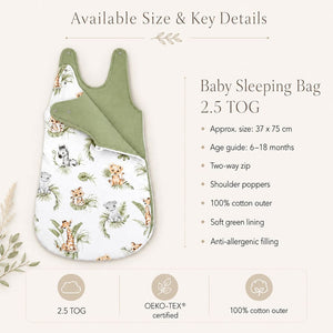 Cute Jungle baby sleeping bag 2.5 TOG 6–18 months size guide with 100% cotton outer and olive green lining Fabricco Baby Shop UK