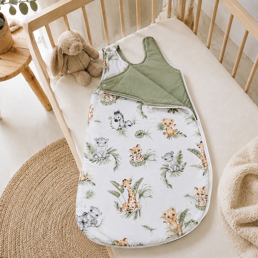 Cute Jungle baby sleeping bag 2.5 TOG open to show sage green lining