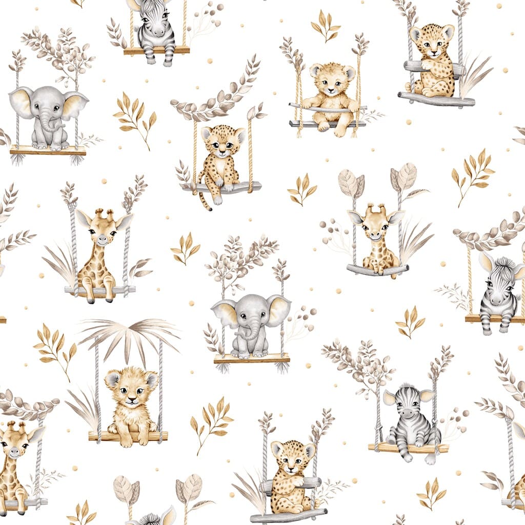 Close-up of Cute Safari Animals beige 100% cotton fabric from Fabricco UK with brown safari animals for children’s sewing and crafts.