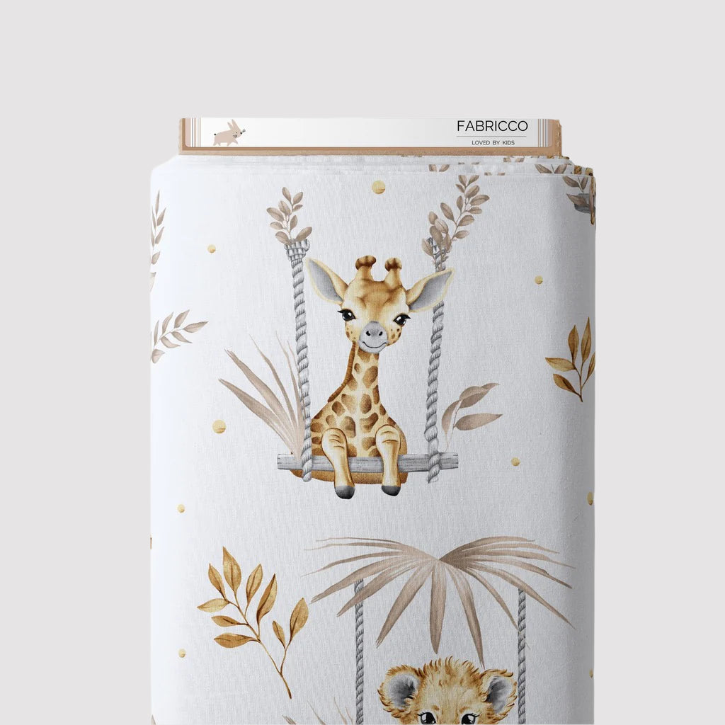 Cute Safari Animals beige cotton fabric by the metre from Fabricco UK with warm neutral jungle animal print for nursery sewing.
