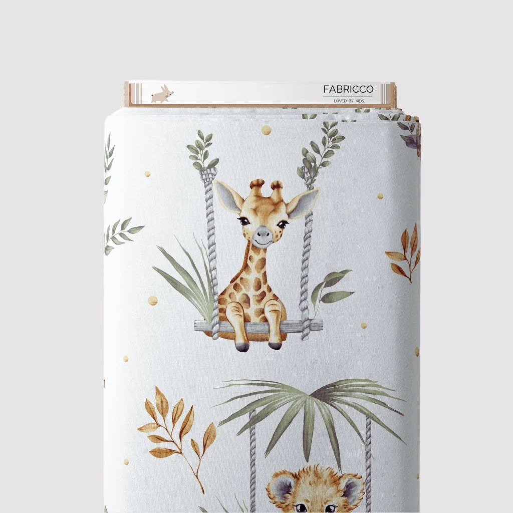 Cute Safari Animals sage green cotton fabric by the metre from Fabricco UK with beige and brown jungle animals for nursery sewing.