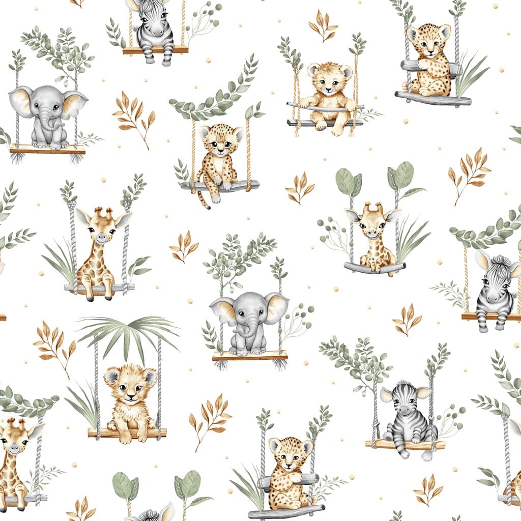 Close-up of Cute Safari Animals 100% cotton fabric from Fabricco UK in sage green, beige and brown for children’s sewing and crafts.