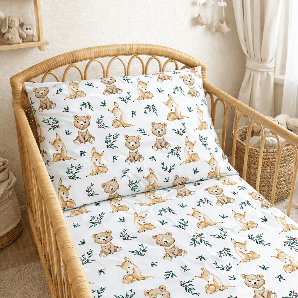 Cute Woodland Animals Baby Cot Bedding Set with Teddy Bear &amp; Deer, 100% Cotton, OEKO-TEX Certified, Envelope Pillowcase, Child-Safe Zipper, Perfect for 60x120 cm Cot, baby shop uk