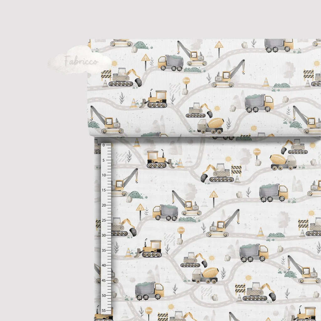 Natural tones cotton fabric with a playful under-construction theme featuring diggers, trucks, and construction equipment. Perfect for sewing projects like children&#39;s clothing, quilts, or nursery décor. Made from 100% soft, breathable cotton, ideal for any craft enthusiast