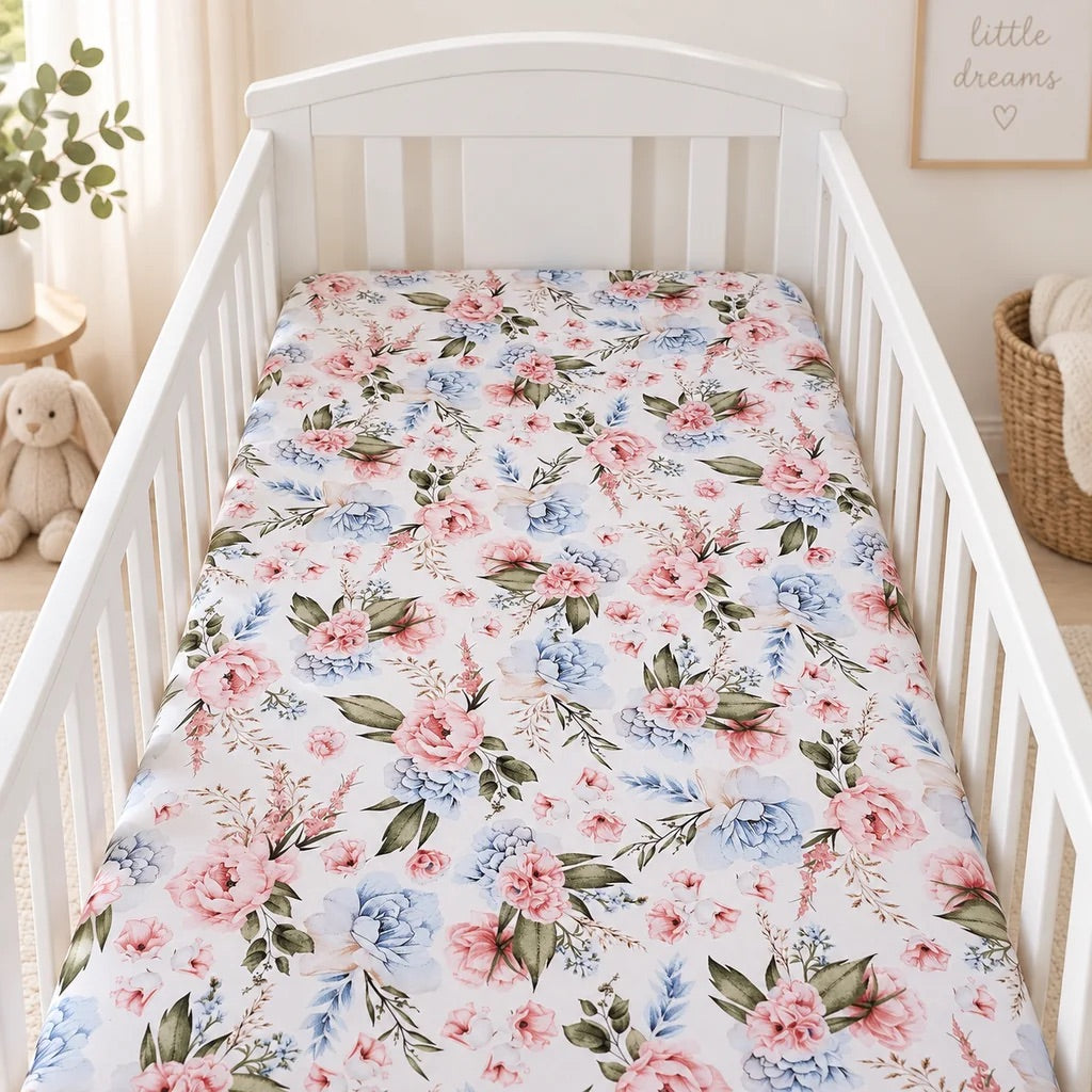 English Garden Flowers baby cot fitted sheet with pink and blue floral print in a white nursery cot