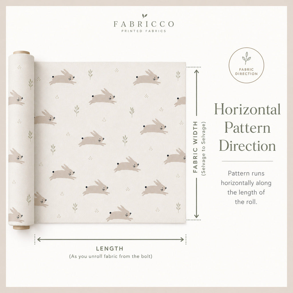 Fabricco printed cotton fabric guide showing horizontal pattern direction, fabric width and how the design runs along the length of the fabric roll.