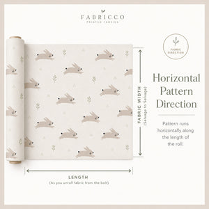 Fabricco printed cotton fabric guide showing horizontal pattern direction, fabric width and how the design runs along the length of the fabric roll.