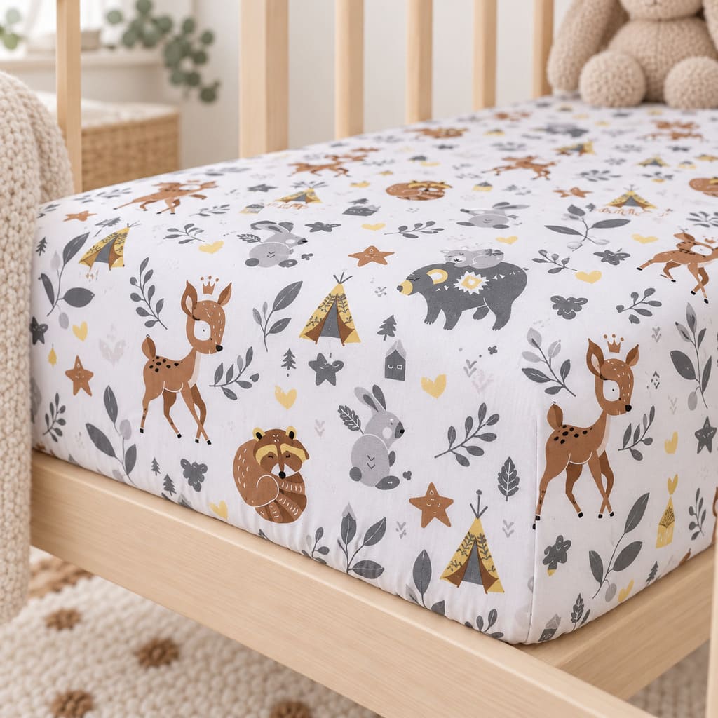 Forest Friends cot and cot bed fitted sheet with deer, bear and bunny print, handmade in the UK from OEKO-TEX cotton