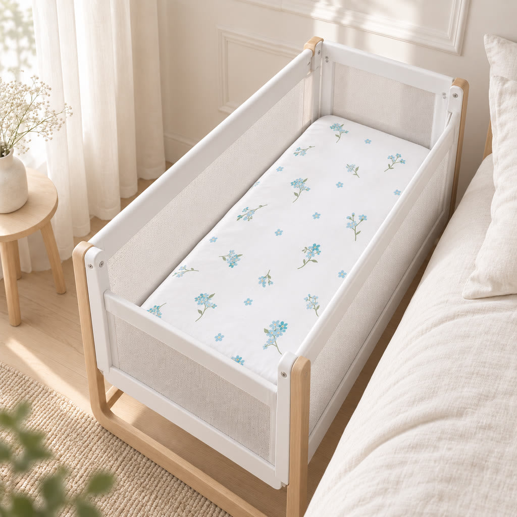 Forget-me-not SnuzPod fitted sheet, handmade in the UK from soft OEKO-TEX® cotton. Fully elasticated and available for SnuzPod 2, 3 and 4.
