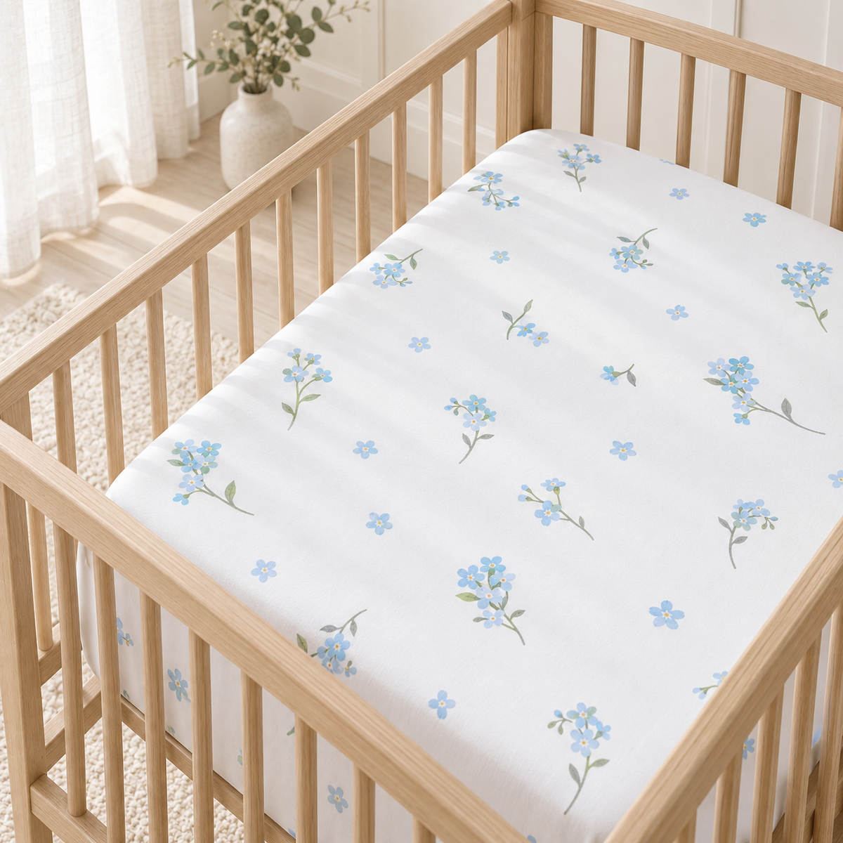 Forget-Me-Not Baby Fitted Sheet – Blue Floral Cot, Cot Bed & Crib Sheet Fabricco UK
