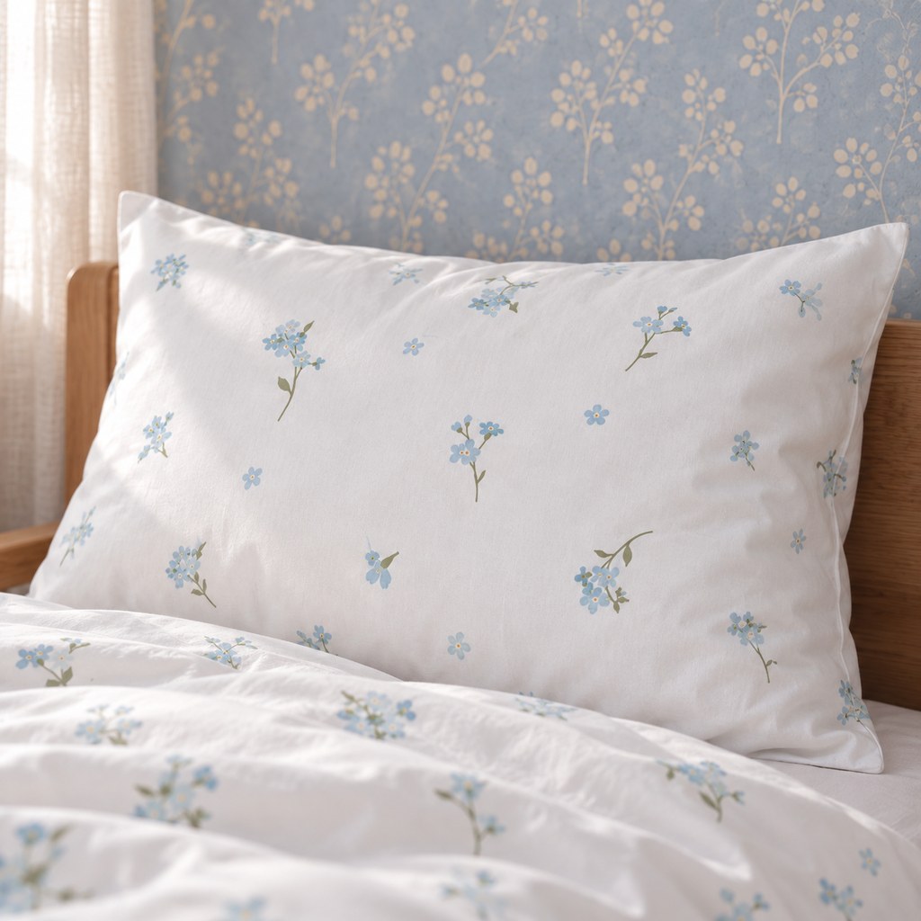 Close-up of the matching Forget Me Not floral pillowcase on an oak bed against a pale blue botanical wall