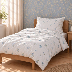 Forget Me Not single bed bedding set with blue floral duvet cover and pillowcase, 100% OEKO-TEX cotton, handmade in the UK