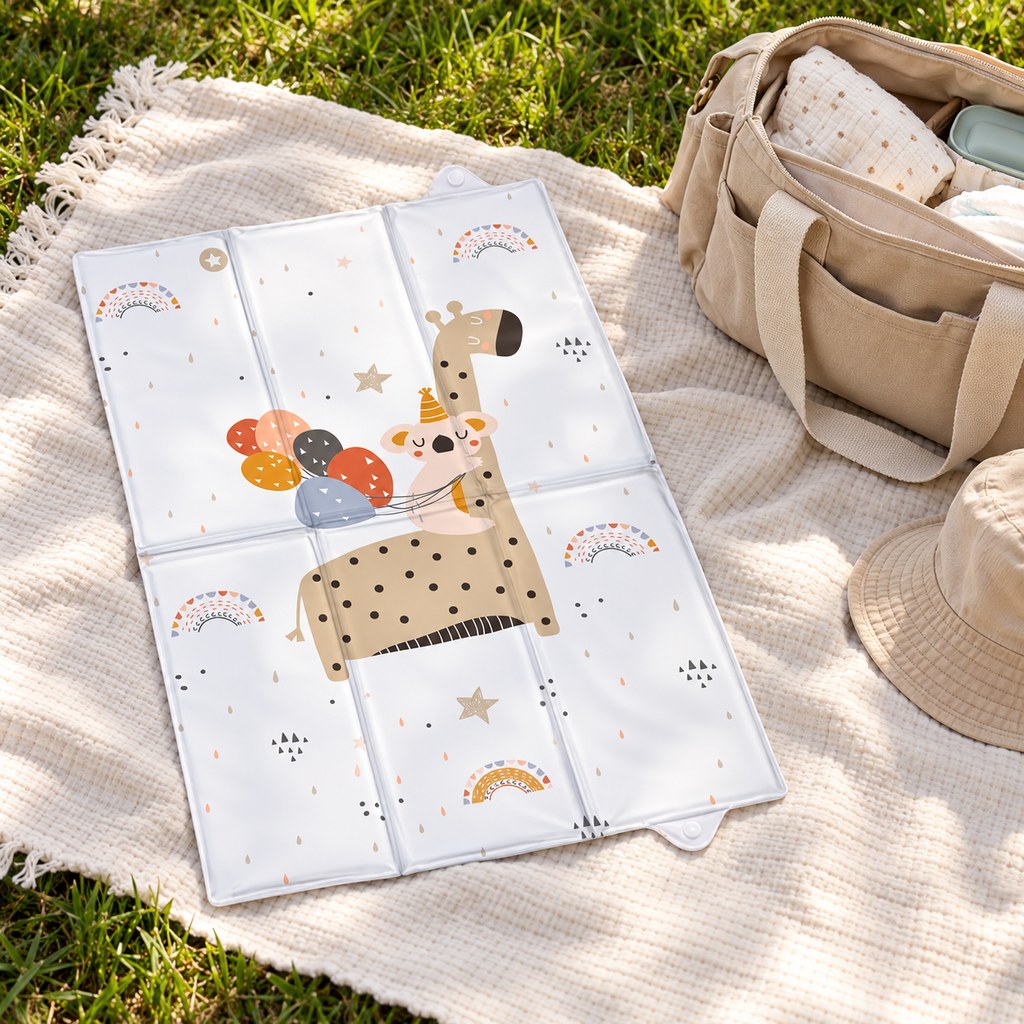 Giraffe and koala foldable travel changing mat on a cream picnic blanket on grass, beside a beige baby changing bag.