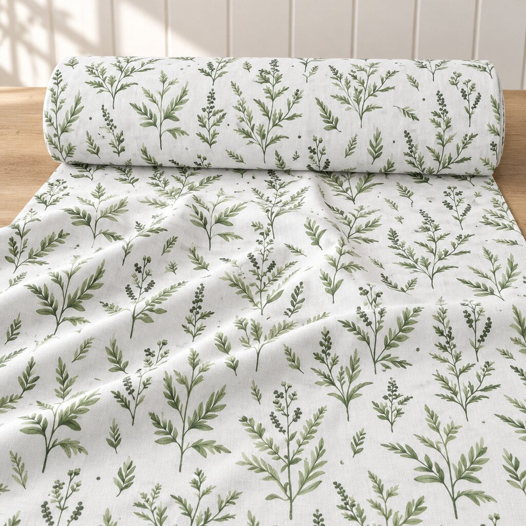 Roll of white cotton fabric with green leafy branches, partly unrolled on a light wood table