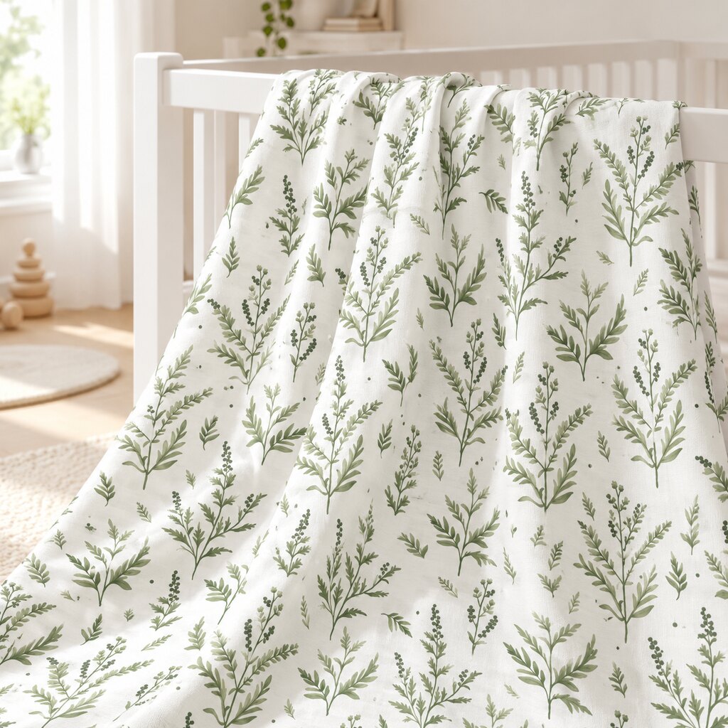 Length of green botanical print fabric draped over a white cot in a light nursery