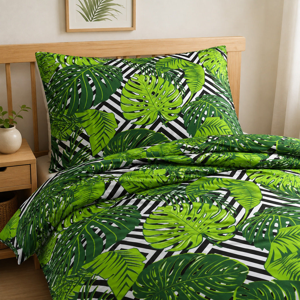 Green monstera leaf single bed bedding set in 100% cotton, UK single duvet cover and pillowcase