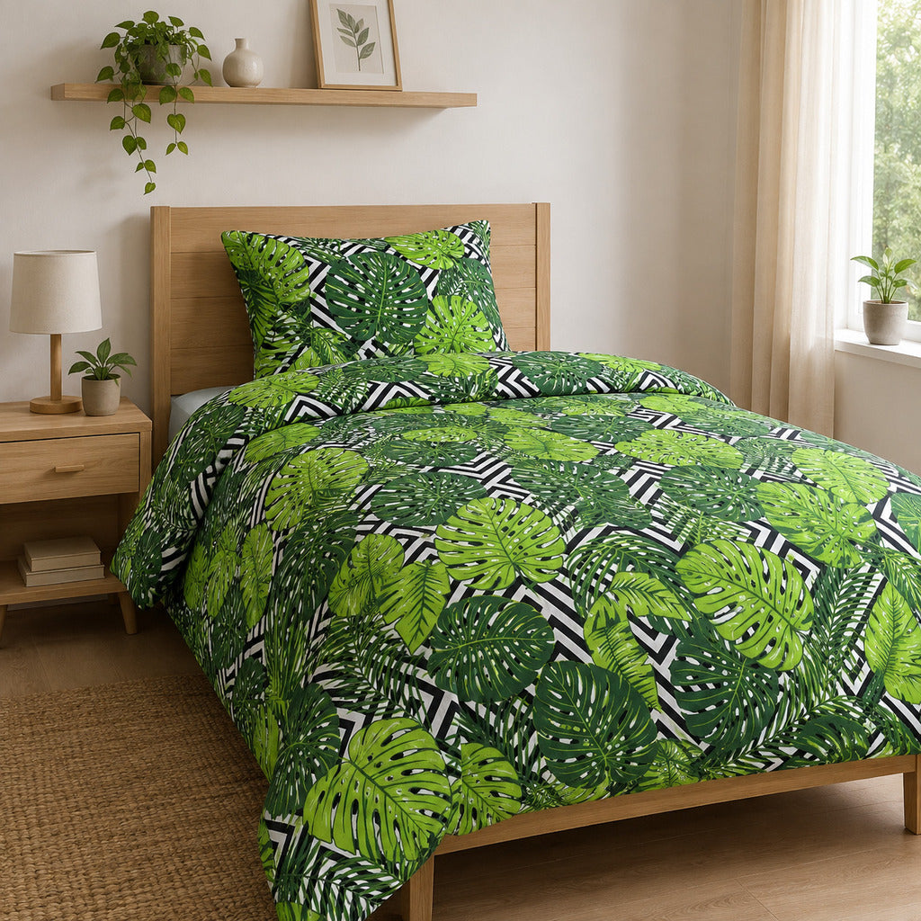 Monstera Leaf Single Bed Bedding Set | Green Tropical Kids Bedding UK
