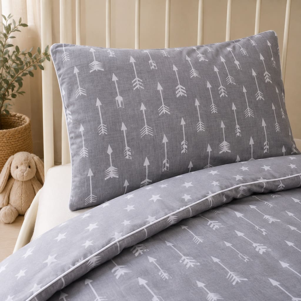 Close-up of grey arrows single bed duvet cover with white star reverse and white piping, 100% cotton kids bedding