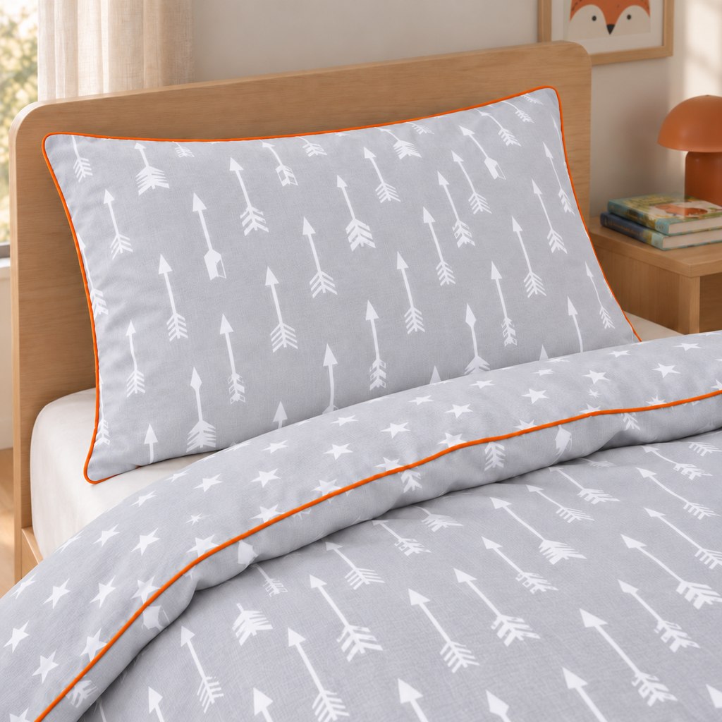 Close-up of light grey arrow-print pillowcase and duvet cover with orange piping and a white star reverse, styled against an oak headboard.