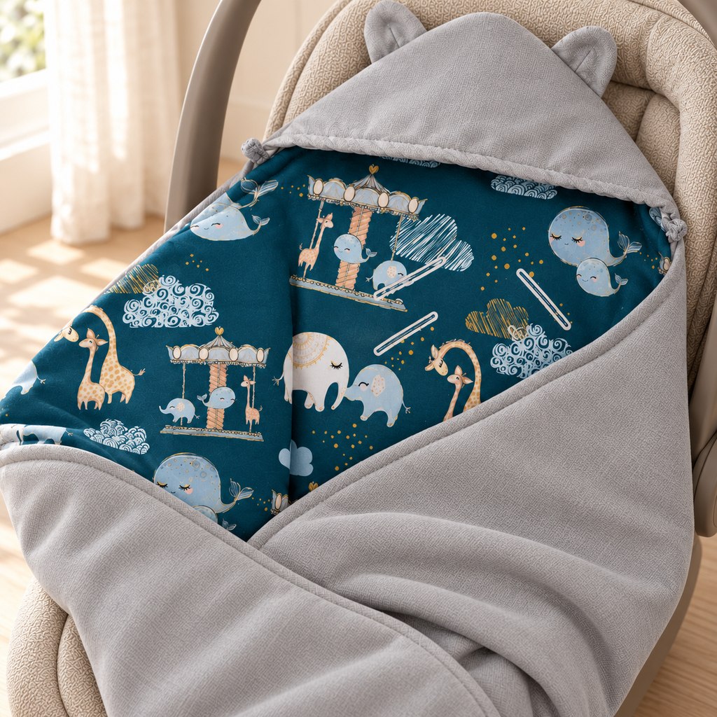 Grey overlapping blanket panels folded back to reveal the teal animal print inside the hooded baby car seat wrap.