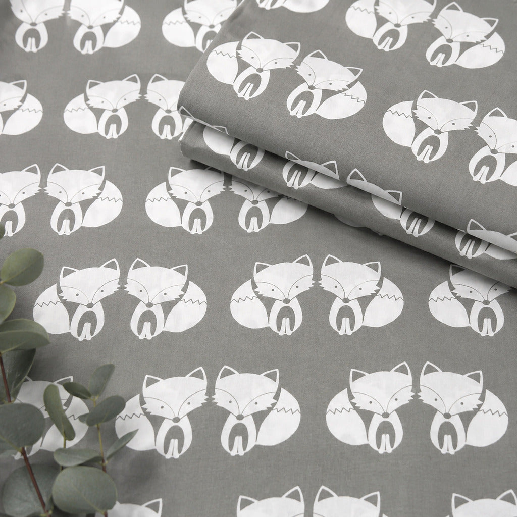 Grey Fox Cotton Fabric by the Metre – Woodland Nursery Fabric UK