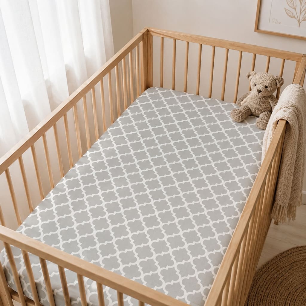 Grey and white quatrefoil cot fitted sheet styled in a neutral Scandinavian baby nursery
