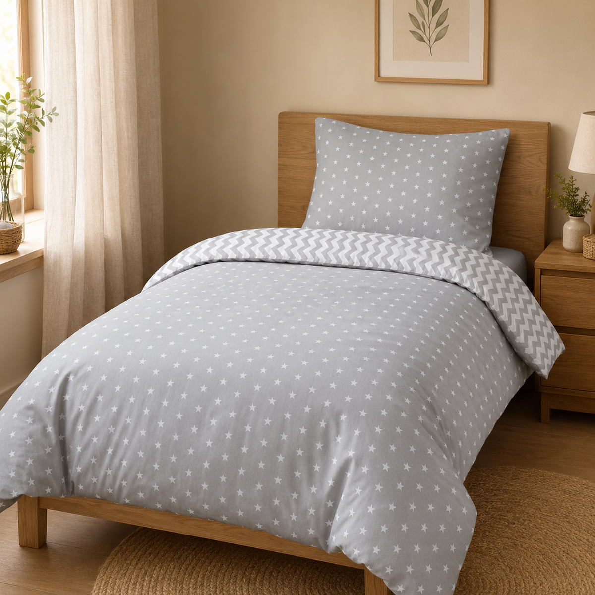 Grey and white reversible single bedding set styled on wooden bed in natural bedroom
