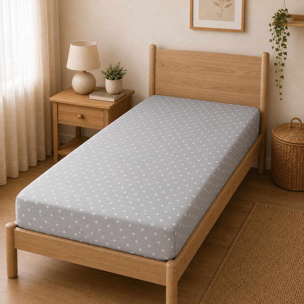Grey star print fitted sheet for single bed, soft 100% cotton bedding made in the UK