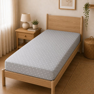 Grey star print fitted sheet for single bed, soft 100% cotton bedding made in the UK