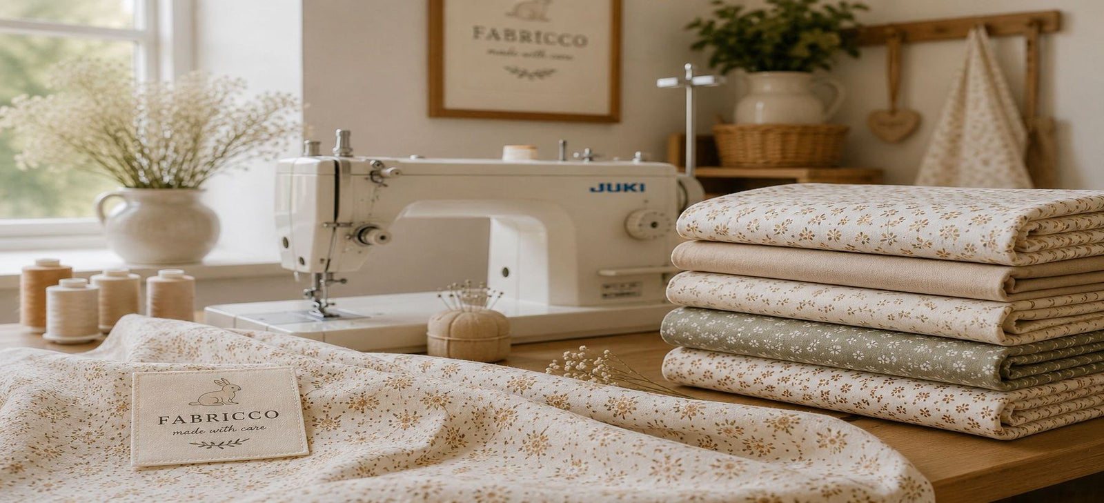 Fabricco sewing workshop in Northern Ireland with natural cotton nursery fabrics and handmade children’s bedding